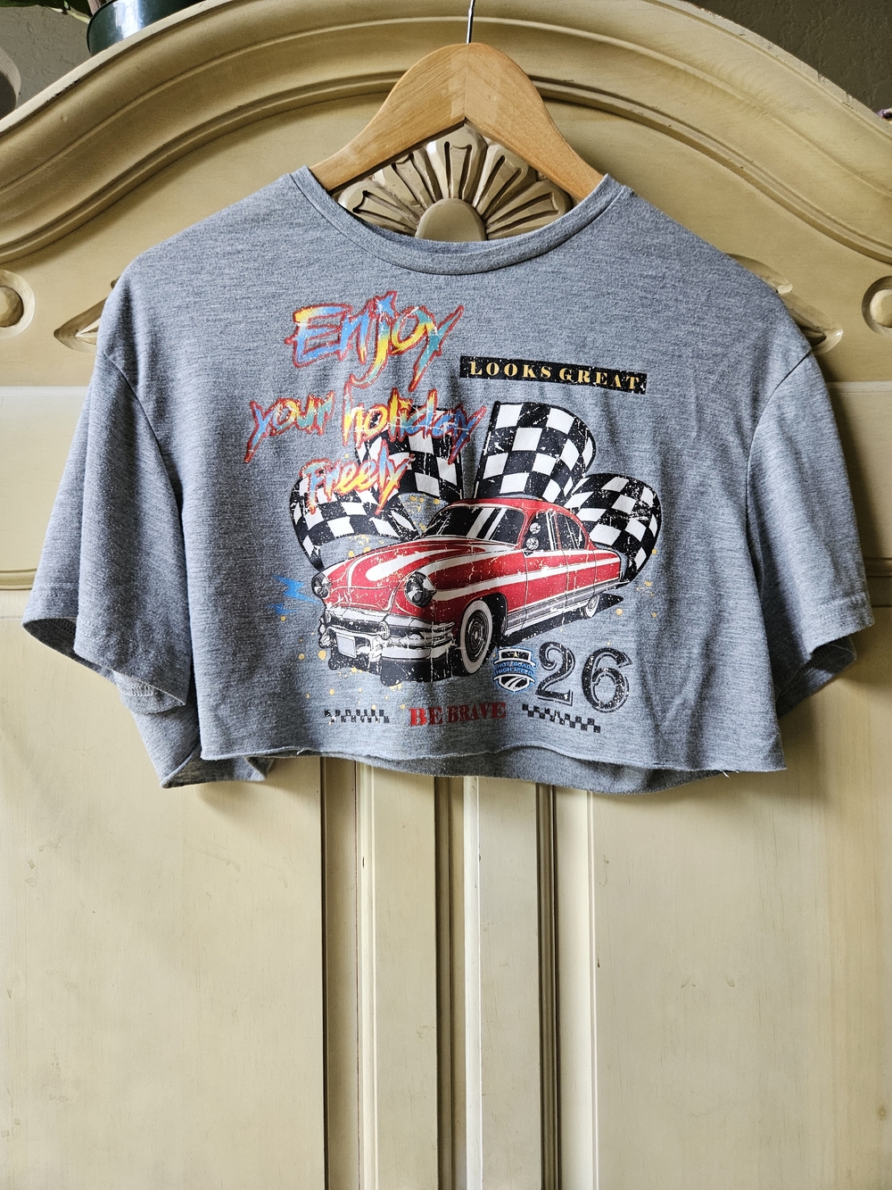 SHEIN Gray Crop Tee with Red Car Graphic and Checkered Flags
